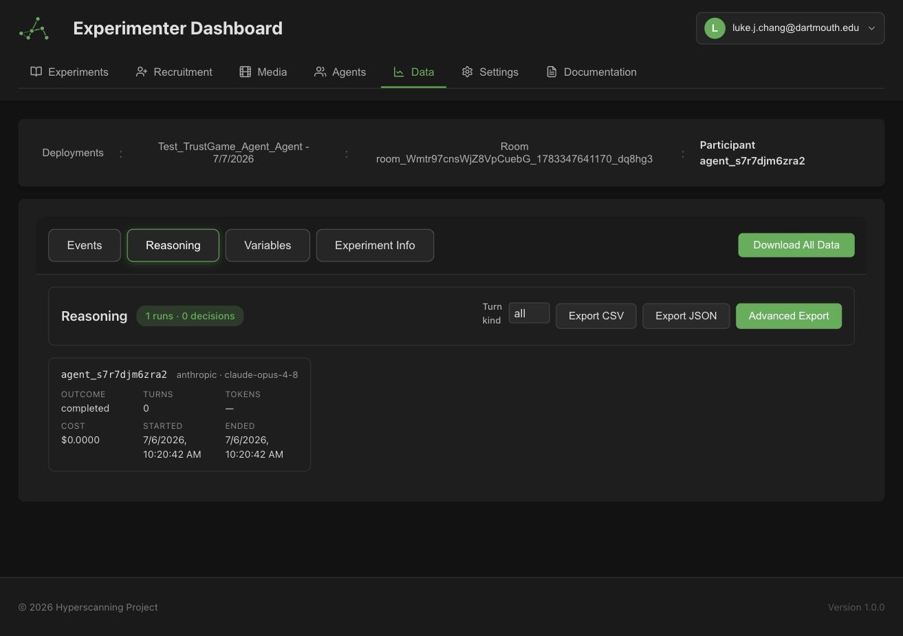 A participant's reasoning view with the run manifest