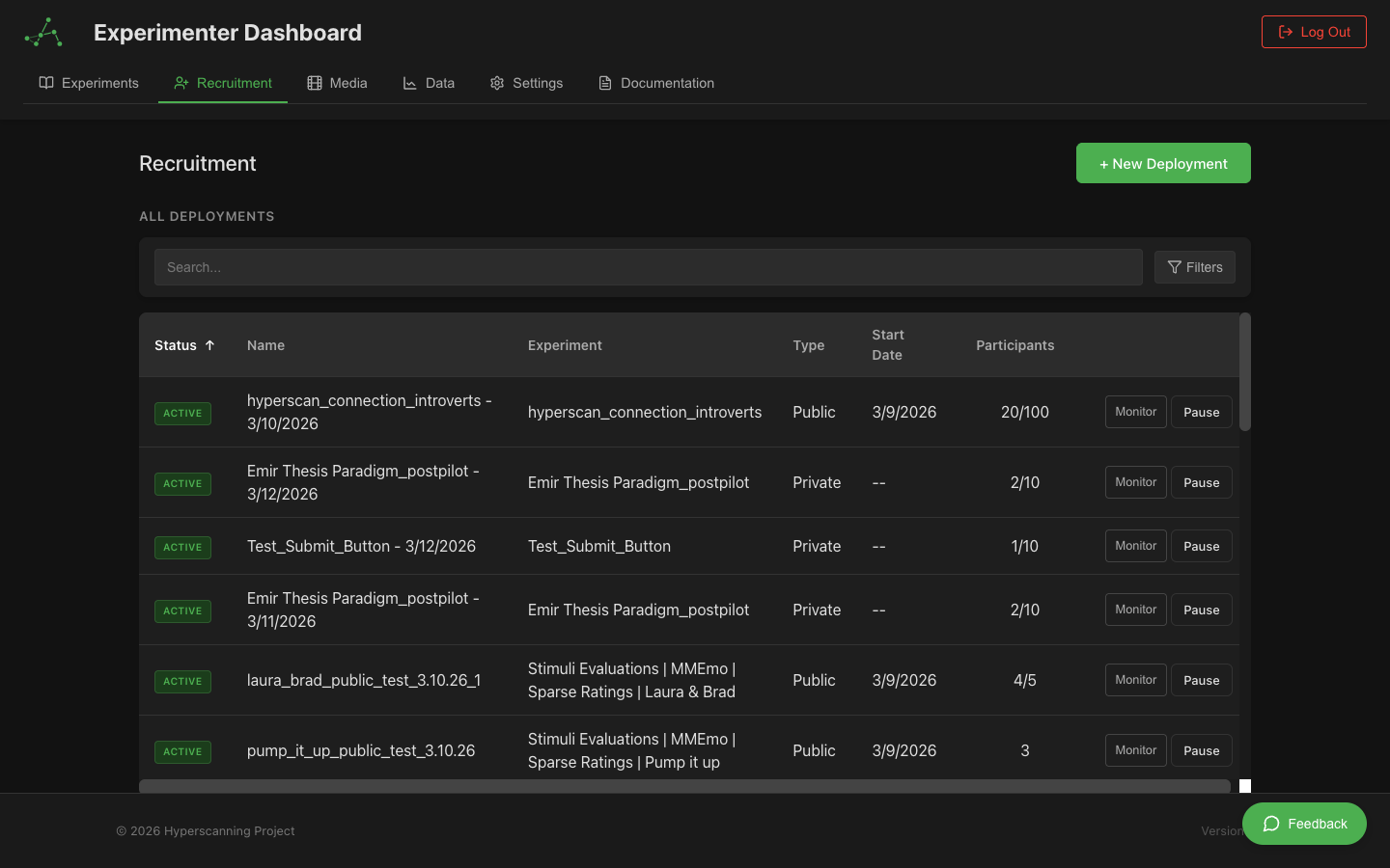 Deployment list with status and participant counts