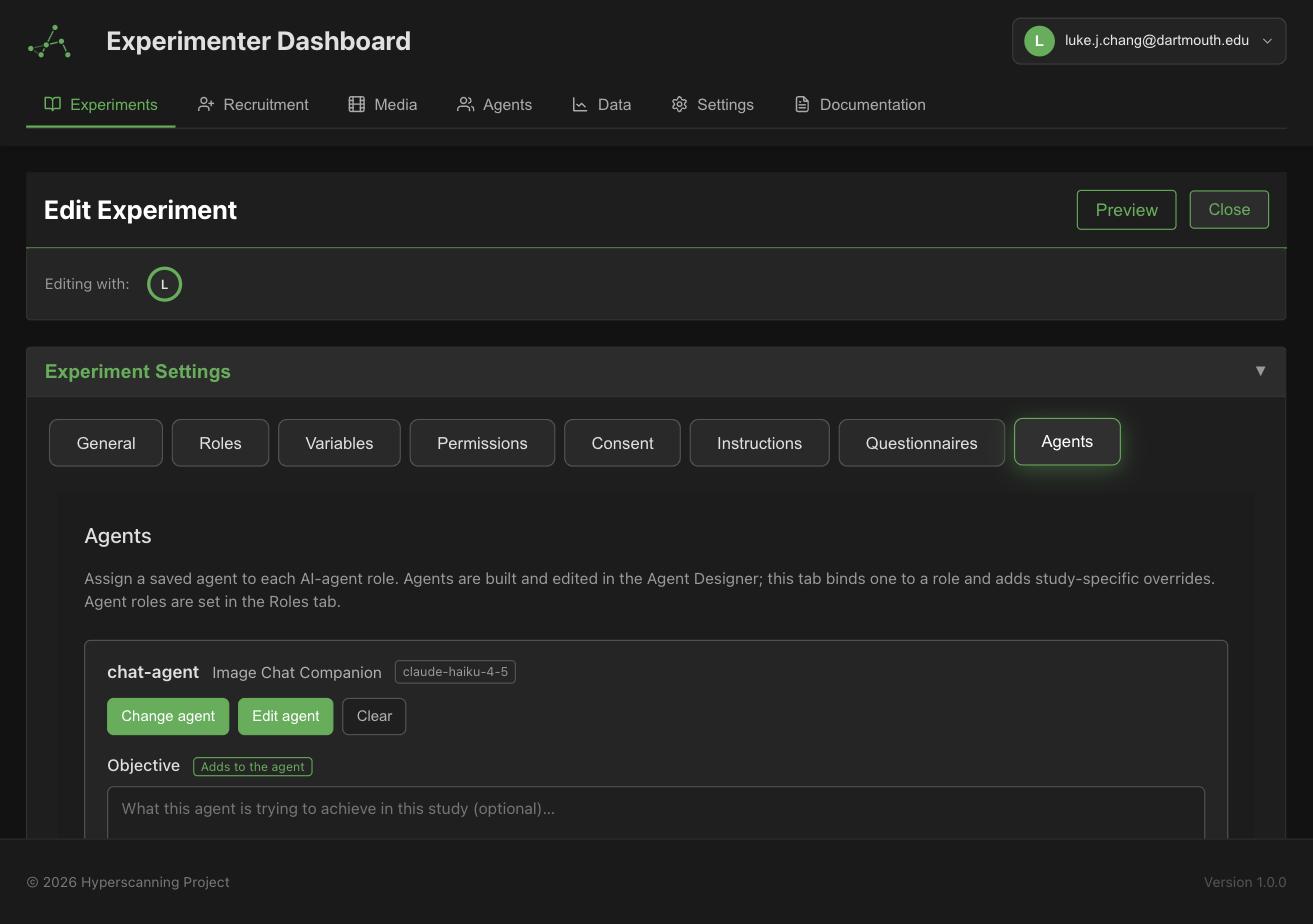 The experiment designer's Agents tab with an agent bound to a role