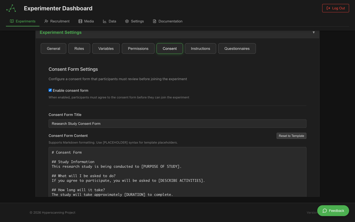 Consent form configuration with markdown editor