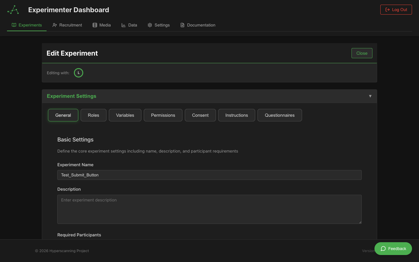 Experiment designer with settings tabs