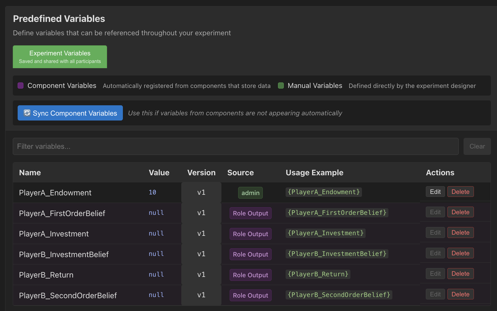 Variables tab with predefined variables