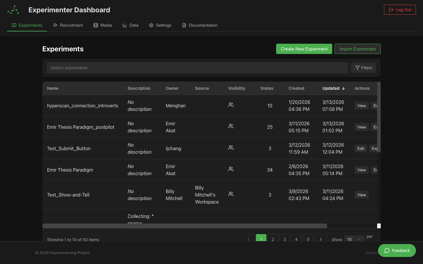 Experimenter dashboard showing experiments list