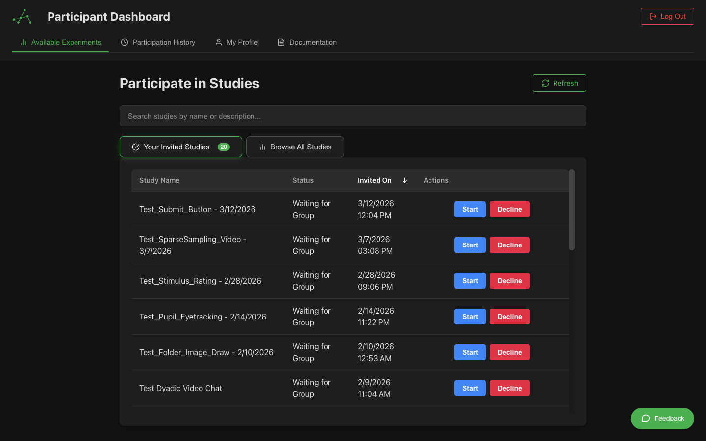 Participant dashboard with available experiments