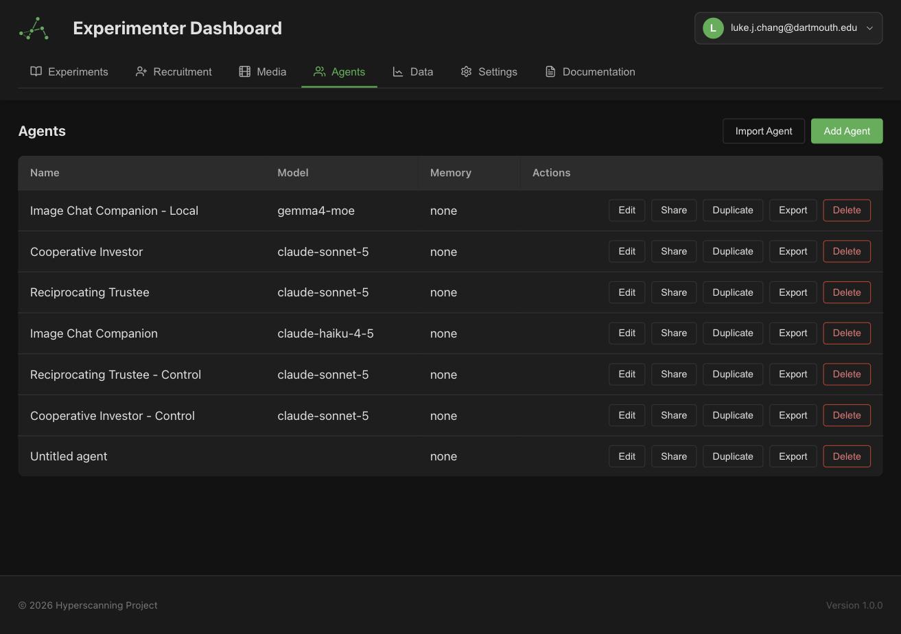 The agent library, with per-agent edit, share, duplicate, export, and delete actions