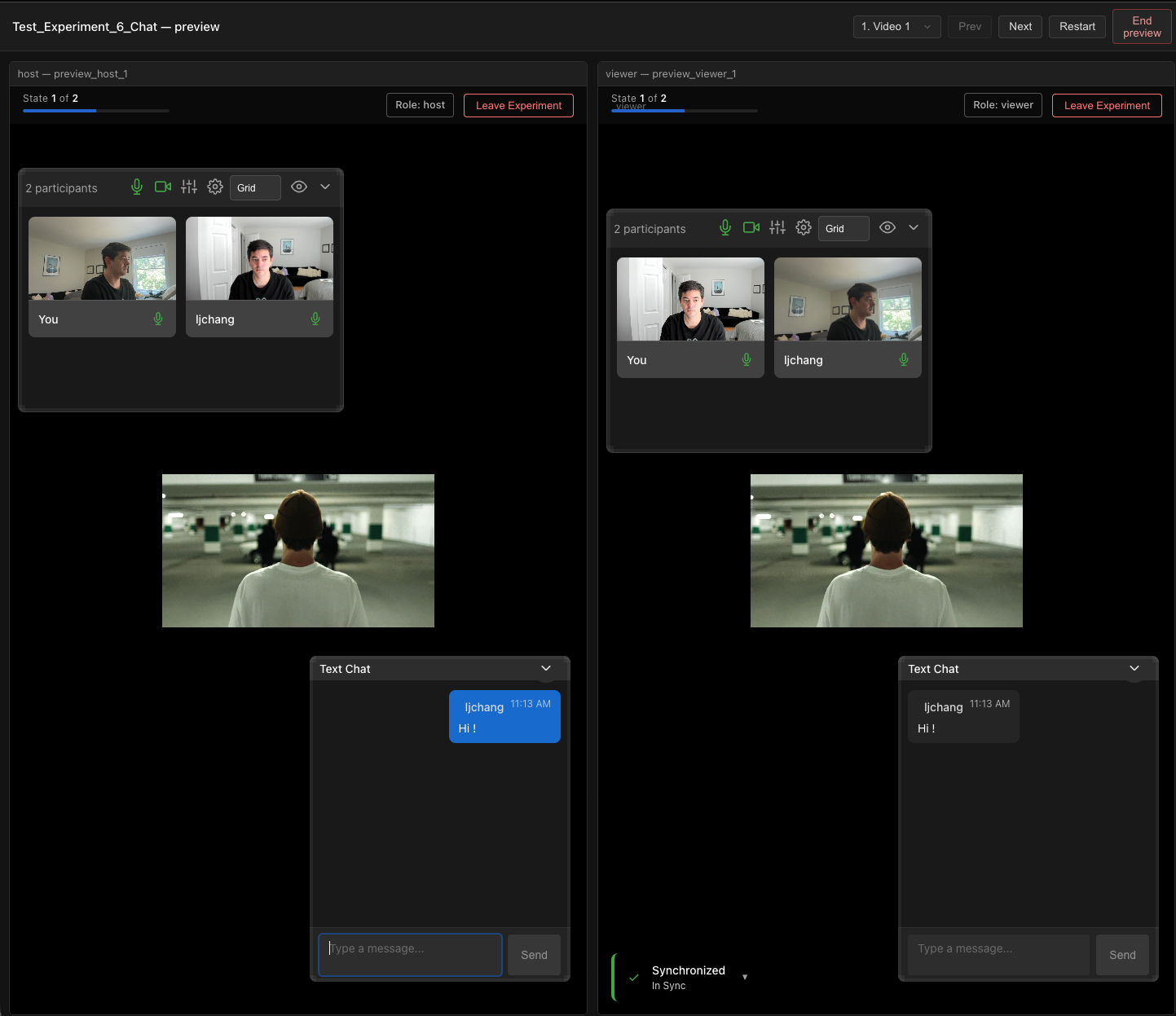 Two-role preview with the control bar showing the state selector on "Video 2", and Prev, Next, Restart, and End preview controls