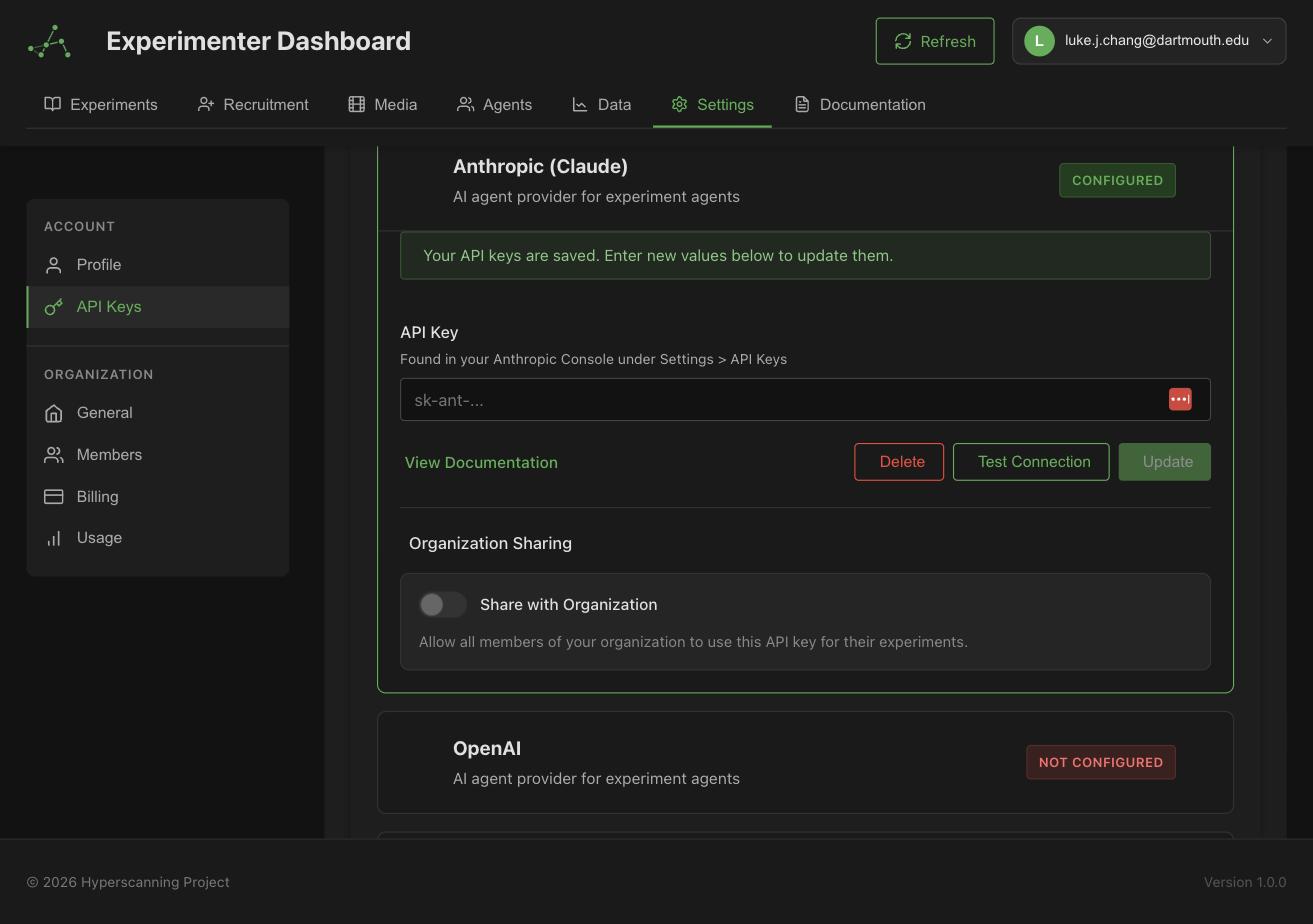 An LLM provider card in Settings → API Keys, with test connection and organization sharing