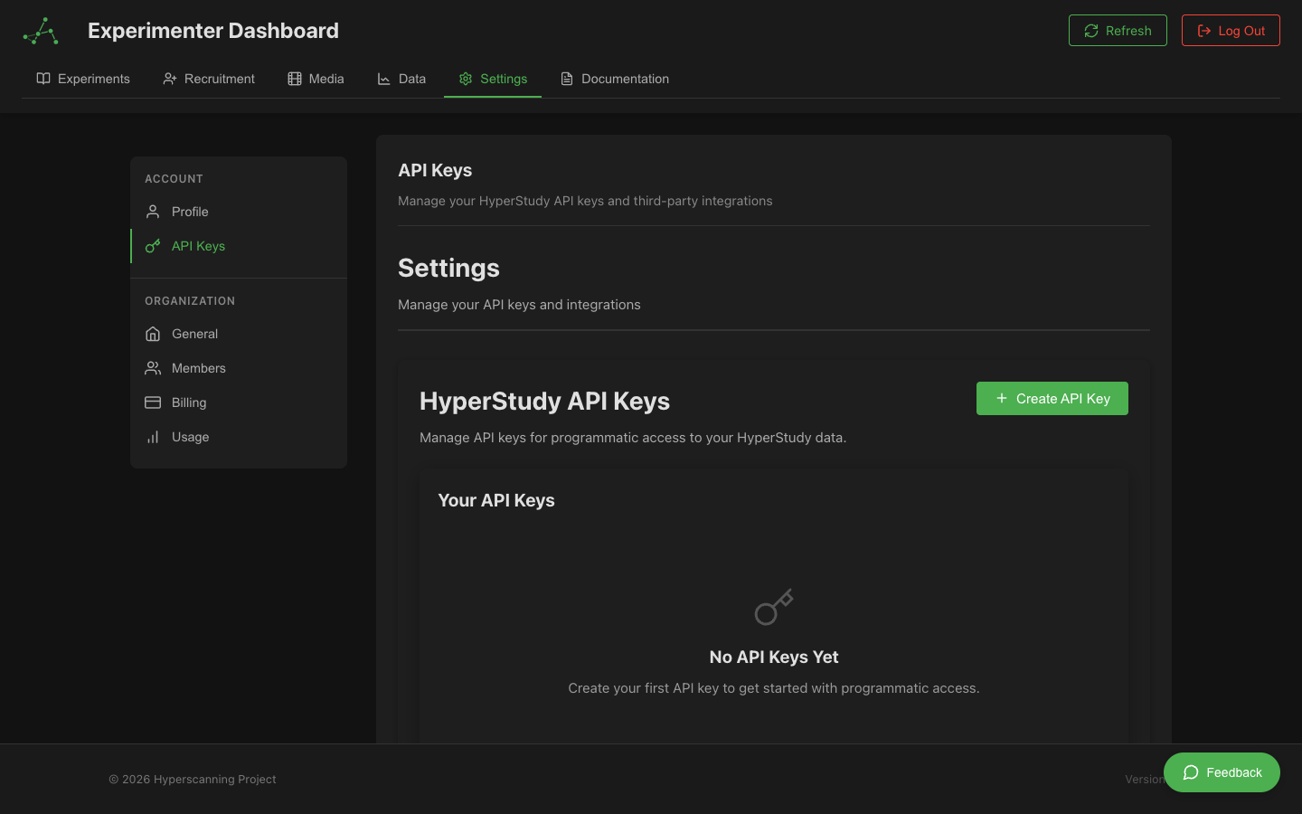 API key management page for configuring Prolific credentials