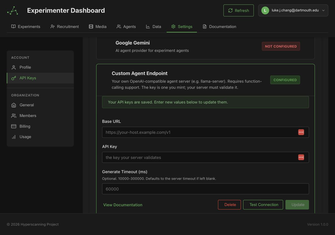 The Custom Agent Endpoint card in Settings → API Keys