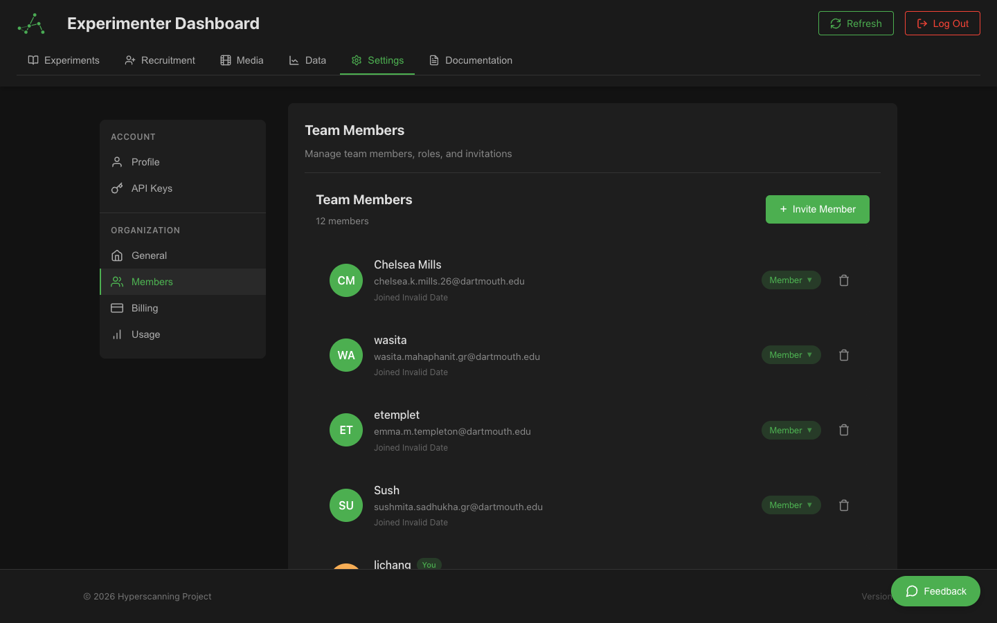 Team members with roles and invite options